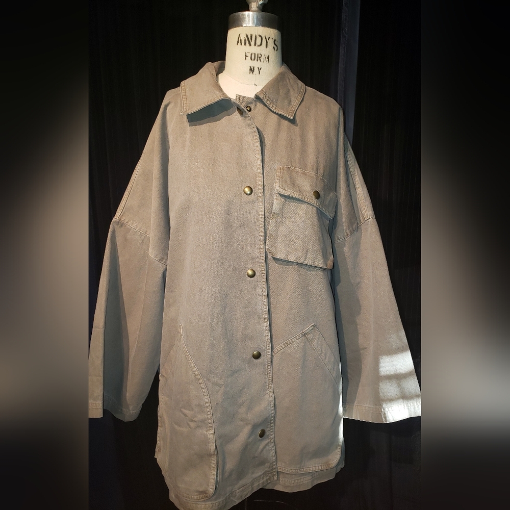 B.R. 100% Cotton olive military green safari oversized denim jacket huge pockets - Picture 6 of 12
